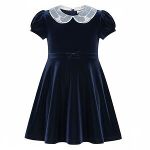 Hartstrings Vintage Navy Blue Velvet Girls Dress Peter Pan Lace Collar Bow